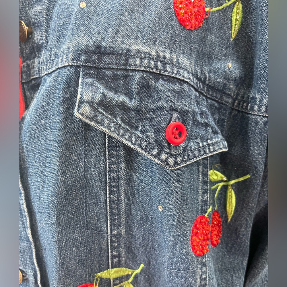 Quacker Factory Blue Denim Jacket with Cherry Embroidery-1X - Picture 5 of 10